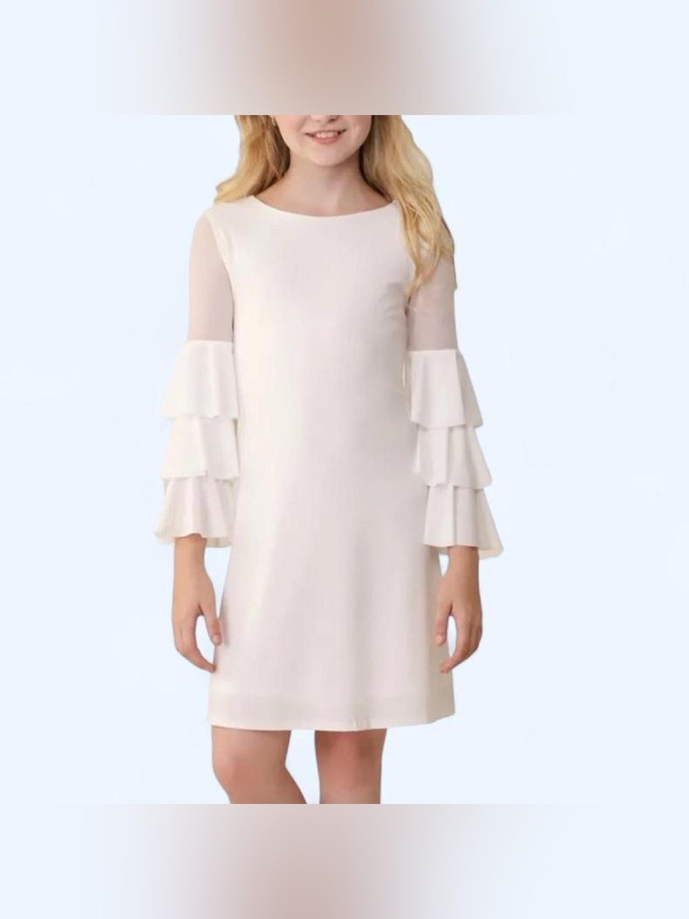 Un Deux Trois Cream Tiered-Ruffle Sleeve A-Line Dress Girls 14
